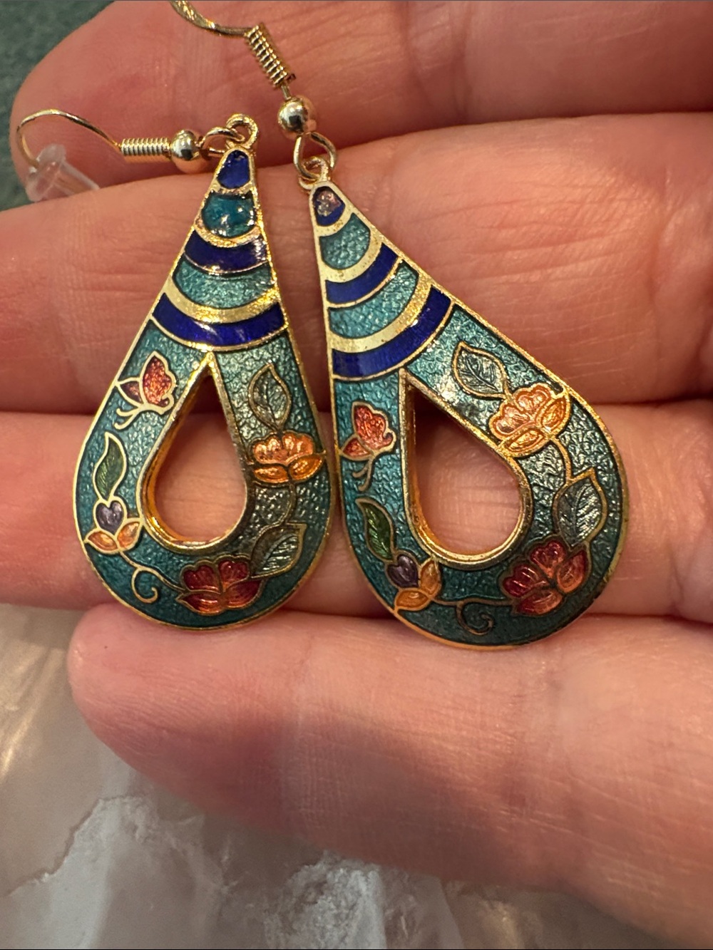 Cloisonné floral butterfly teardrop earrings